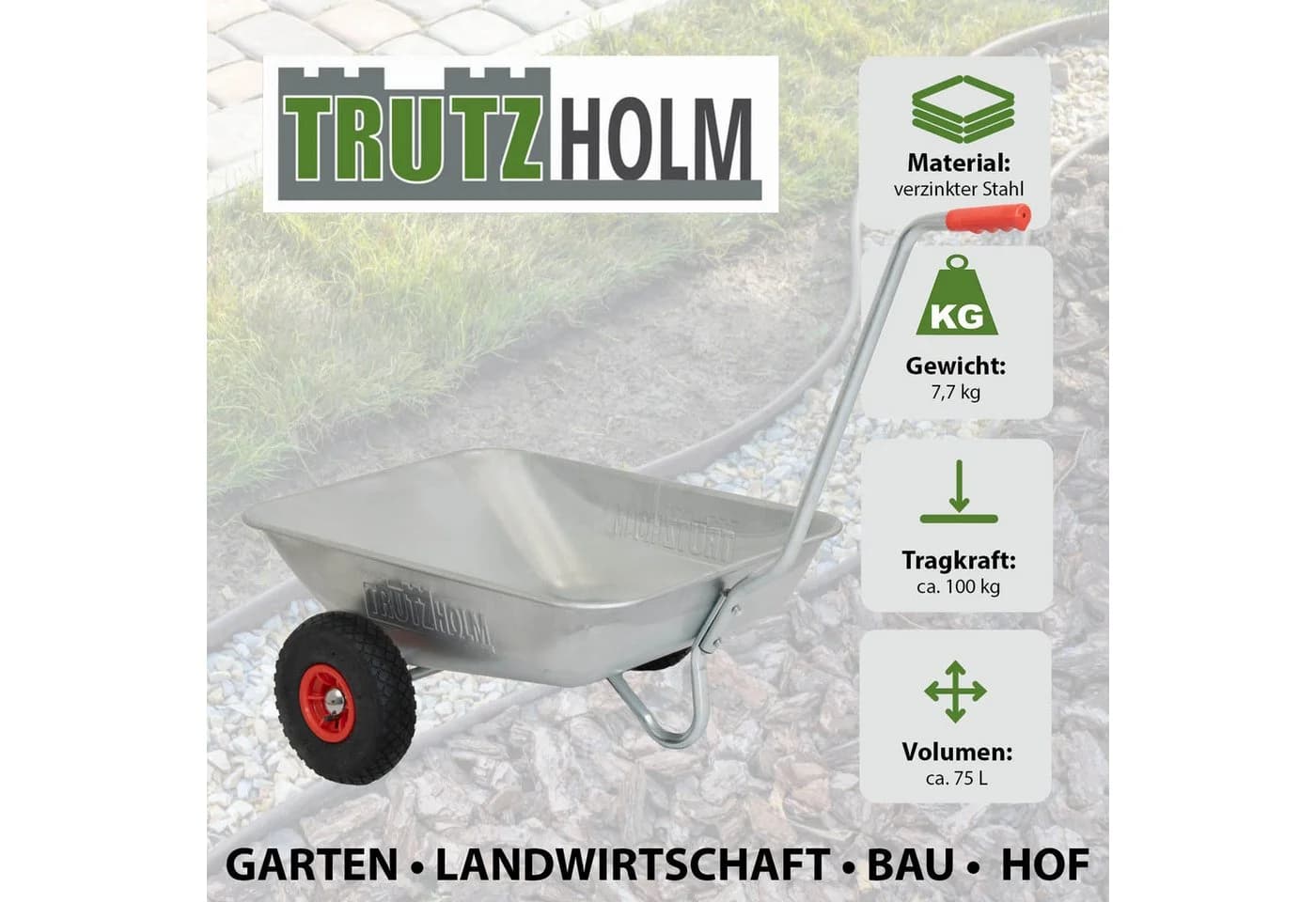 TRUTZHOLM Schubkarre 100 kg 75 L Luftreifen Gartenkarre Einhandkarre - Bild 3