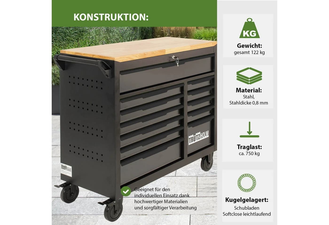 TRUTZHOLM Werkzeugwagen Star XL 12 Schubladen Hartholzplatte