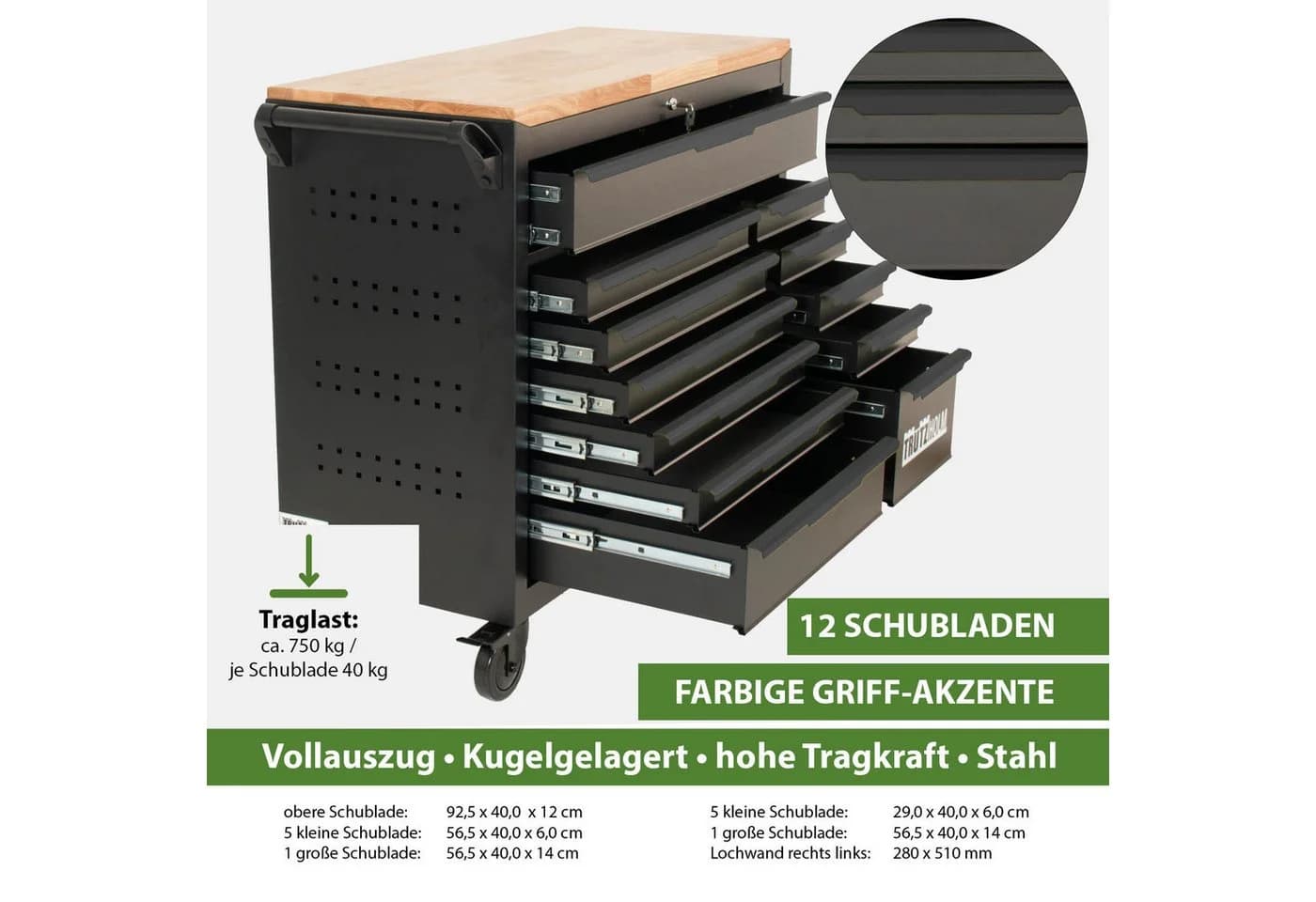 TRUTZHOLM Werkzeugwagen Star XL 12 Schubladen Hartholzplatte - Bild 4