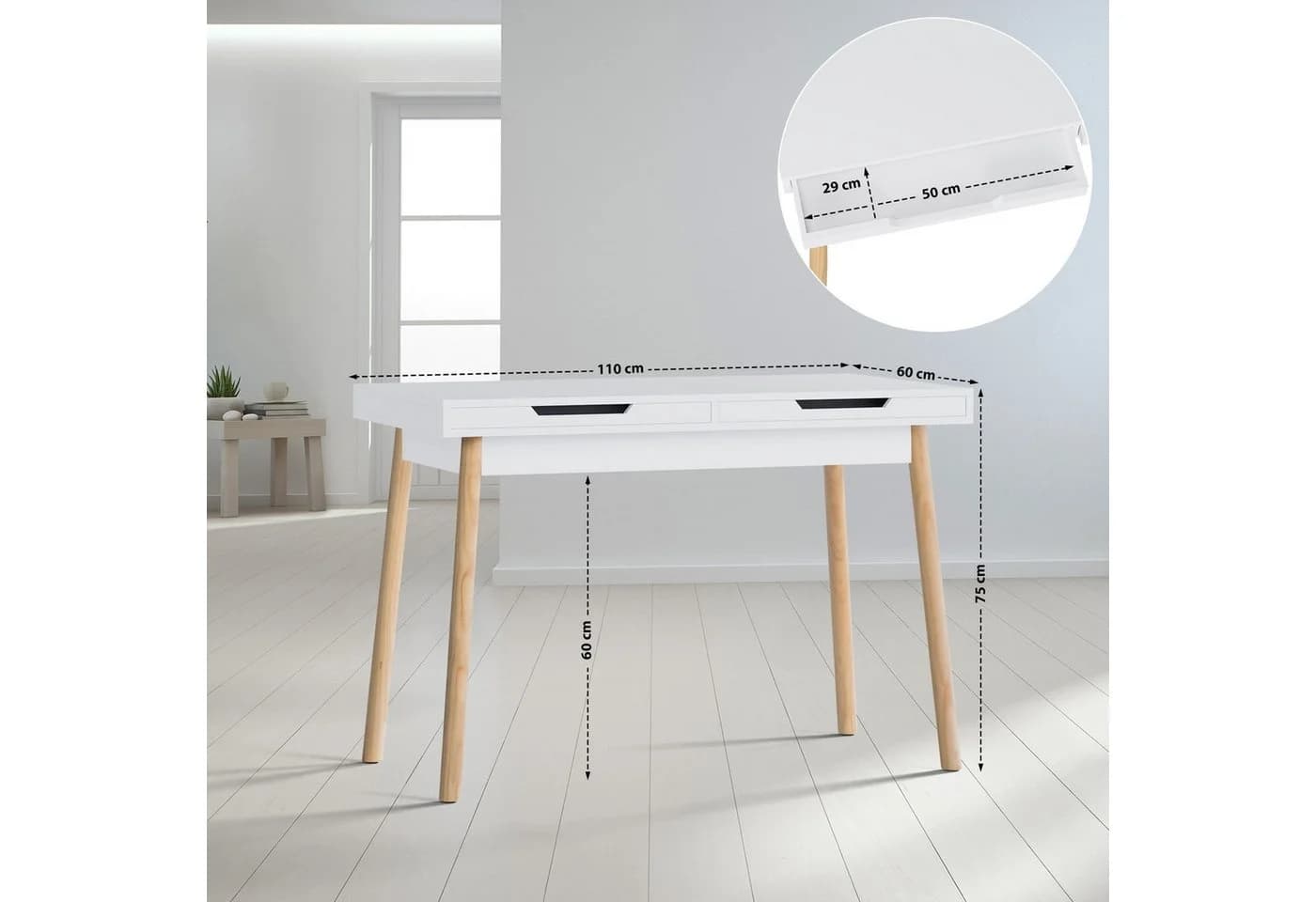 CLP Schreibtisch Porto mit 2 Schubladen Weiß Eichenholzbeine Moderner Bürotisch - Bild 2