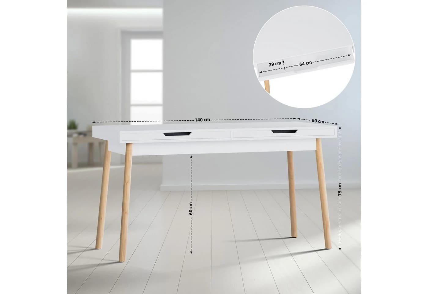 CLP Schreibtisch Porto Moderner Bürotisch mit 2 Schubladen Weiß Eichenholzbeine - Bild 2