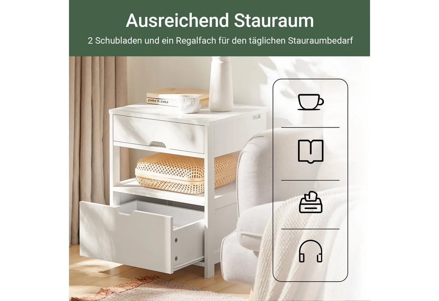 SoBuy Nachttisch FRG258 Weiß/Schwarz 2 Schubladen Metall - Bild 3