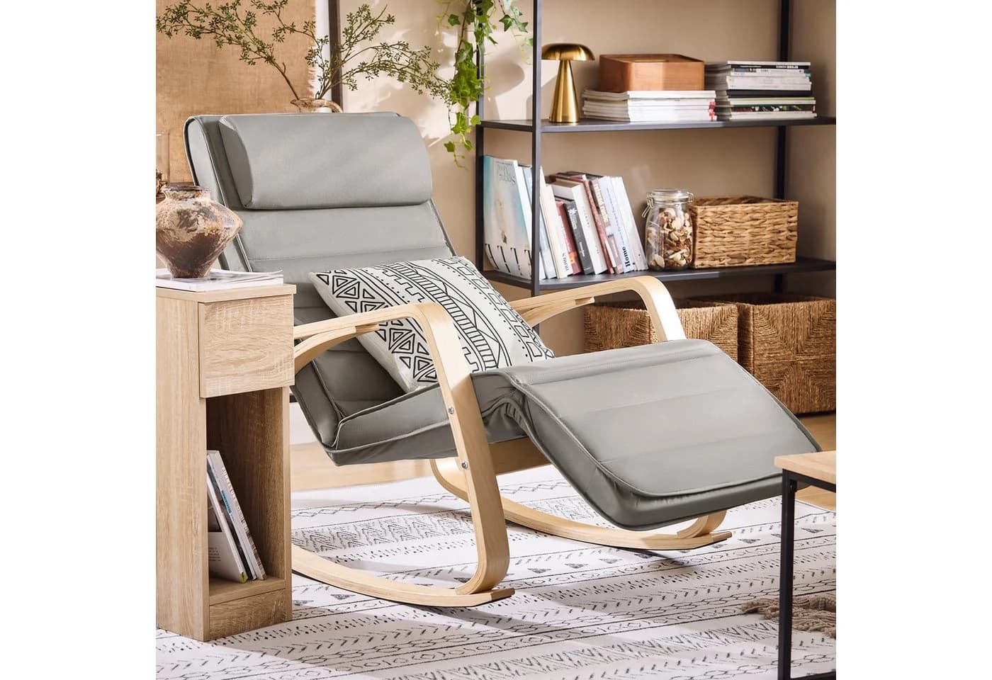 SoBuy Schaukelstuhl FST16 Grau Beige mit verstellbarer Fußstütze - Bild 2
