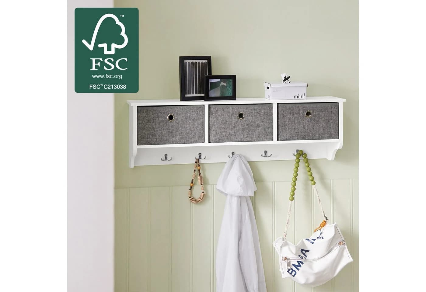SoBuy Wandgarderobe FRG282 Weiß mit 3 Körben und 5 Haken Modern - Bild 3