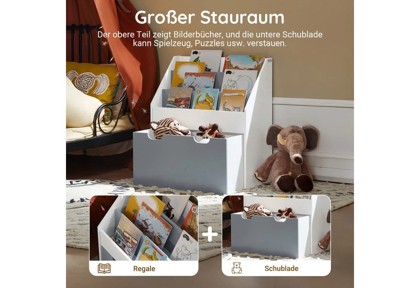 SoBuy Bücherregal KMB17 Kinderregal Weiß-Grau mit Spielzeugtruhe - Bild 5