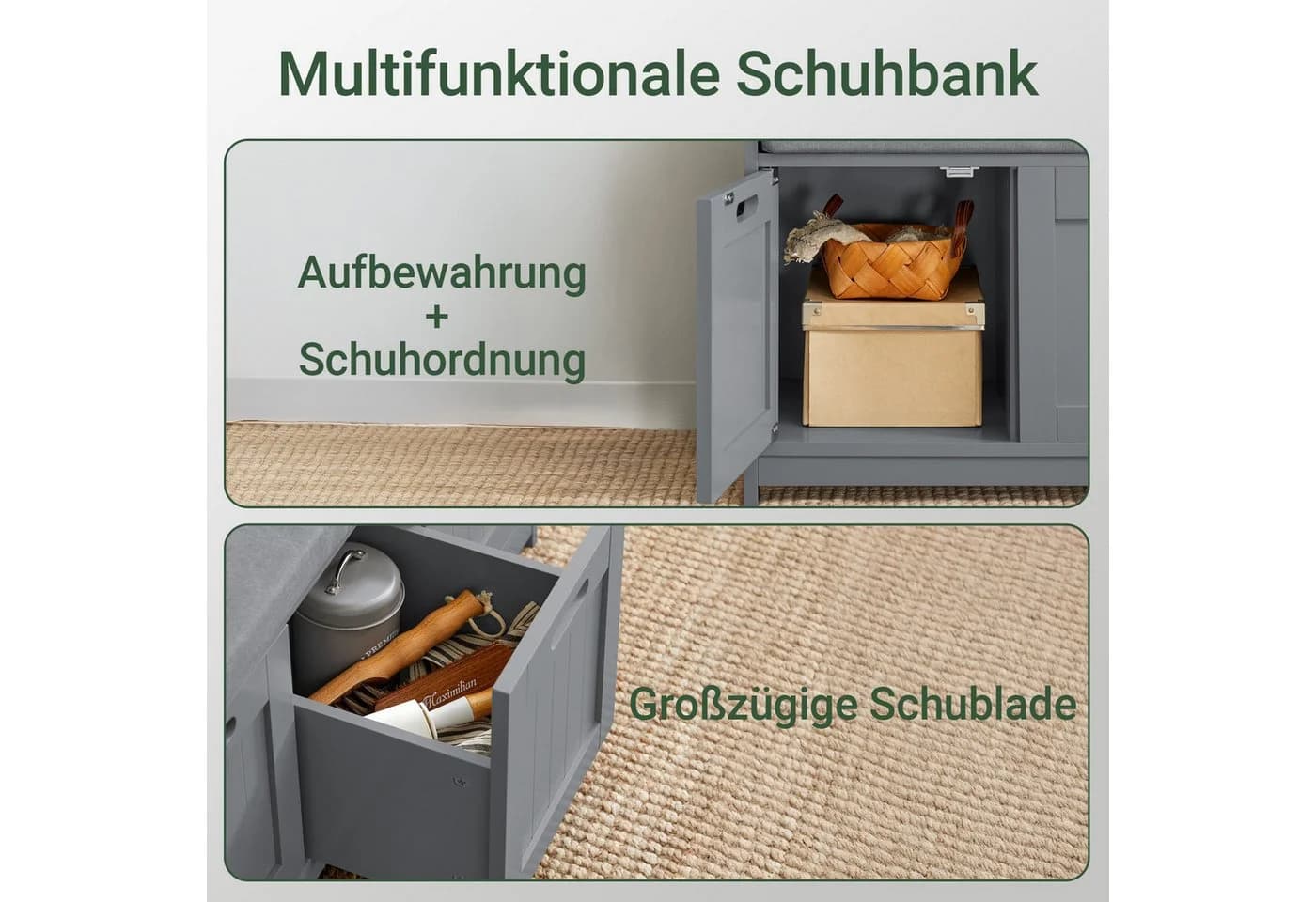 SoBuy Schuhbank FSR80 Grau/Grün mit Sitzkissen und Stauraum - Bild 4