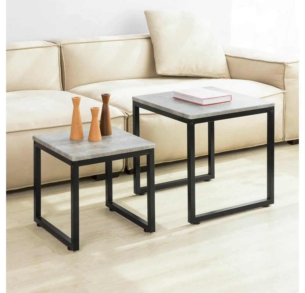 SoBuy Satztisch FBT42 2er Set Couchtisch Beistelltisch Grau/Schwarz Metall