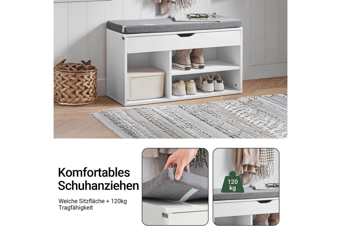 SoBuy Schuhbank FSR45 Weiß/Grau mit Sitzkissen und 3 Fächern - Bild 4