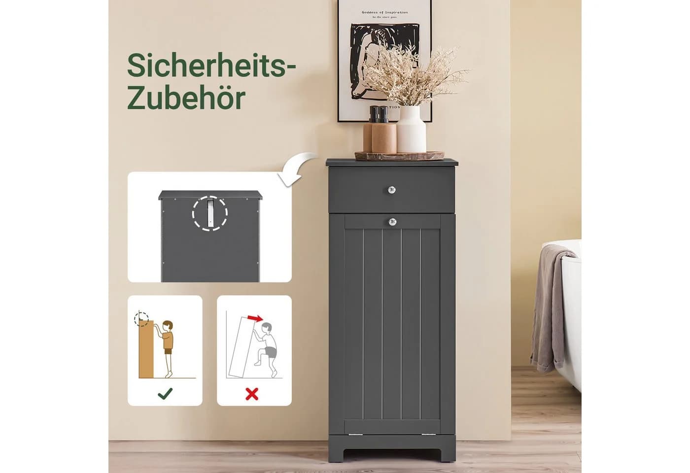 SoBuy Wäscheschrank BZR21 Weiß/Dunkelgrau mit Wäschekorb - Bild 3