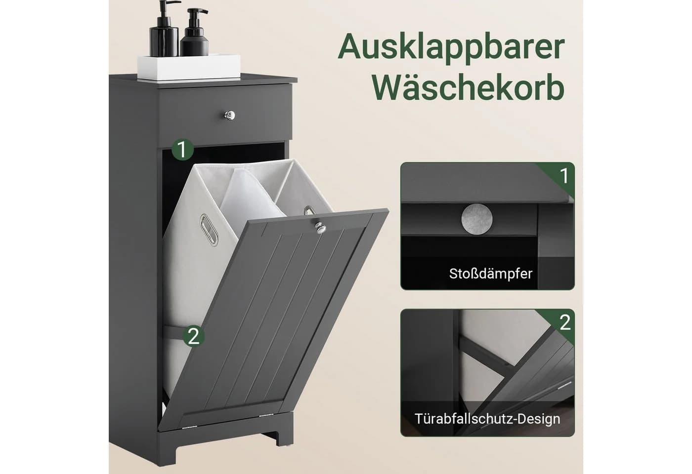 SoBuy Wäscheschrank BZR21 Weiß/Dunkelgrau mit Wäschekorb - Bild 4