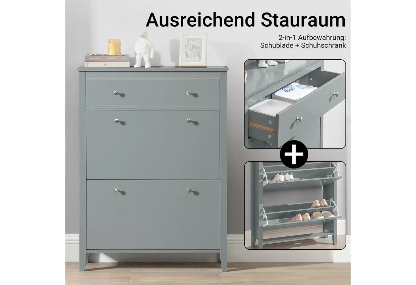 SoBuy Schuhschrank FSR89 Hellgrau mit 2 Klappen und Schublade - Bild 2