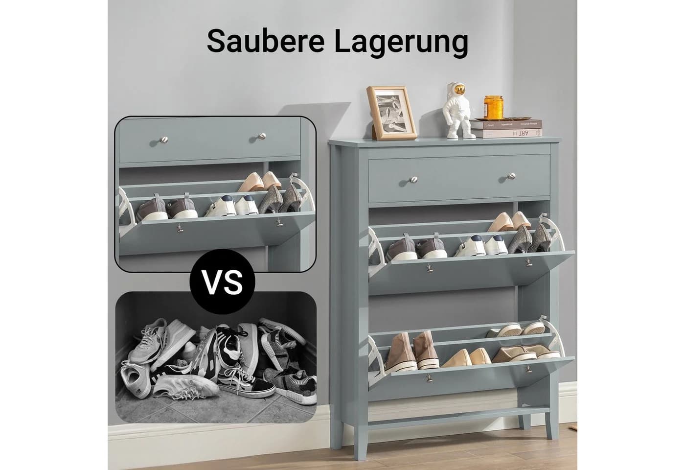 SoBuy Schuhschrank FSR89 Hellgrau mit 2 Klappen und Schublade - Bild 4