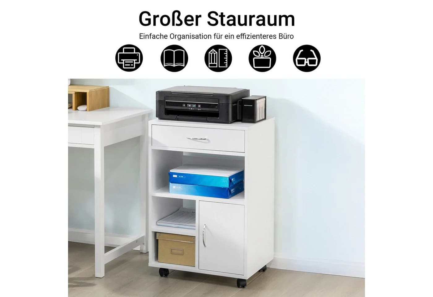 SoBuy Druckertisch FBT106 Weiß mit Schublade und Rollen - Bild 2