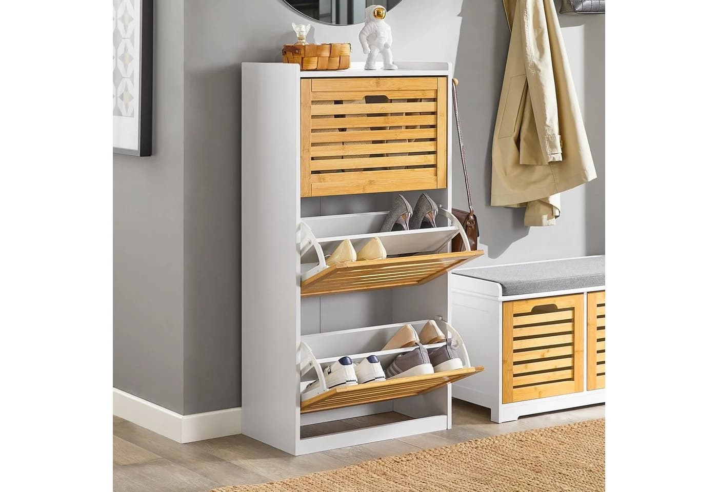 SoBuy Schuhschrank FSR108 Weiß/Natur mit 3 Klappen & 2 Hacken - Bild 2