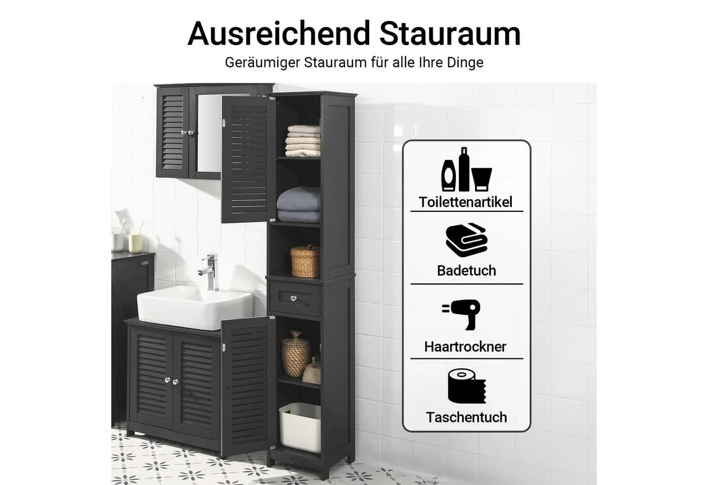 SoBuy Hochschrank FRG236 Dunkelgrau Badmöbel mit Schublade - Bild 3