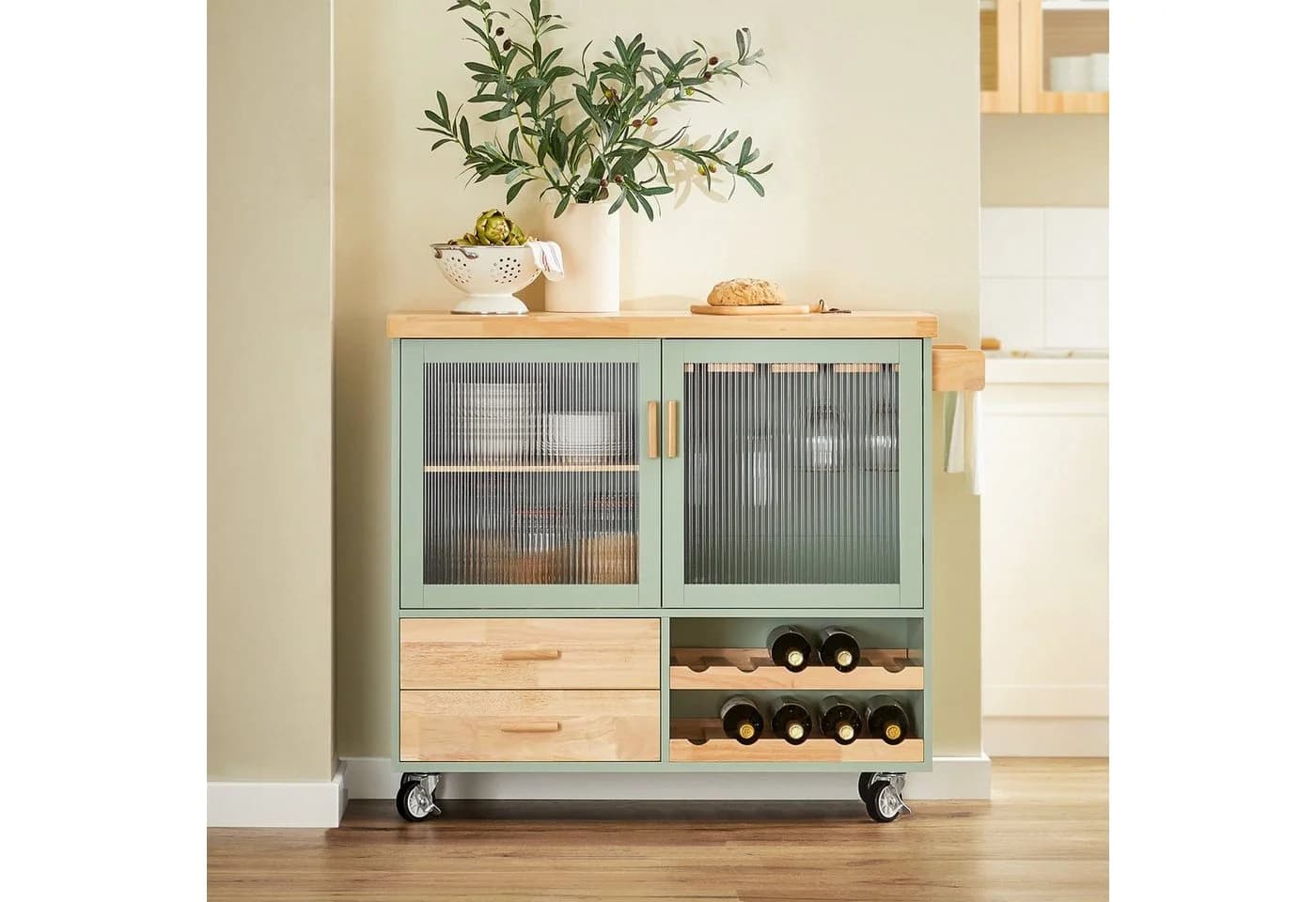SoBuy Küchenwagen FKW114 Grün mit Schubladen und Glastüren - Bild 2