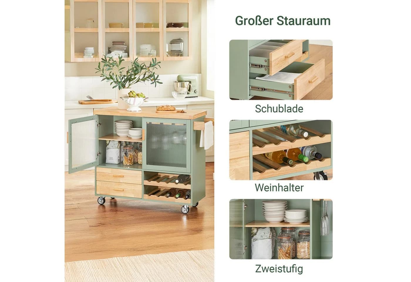 SoBuy Küchenwagen FKW114 Grün mit Schubladen und Glastüren - Bild 4