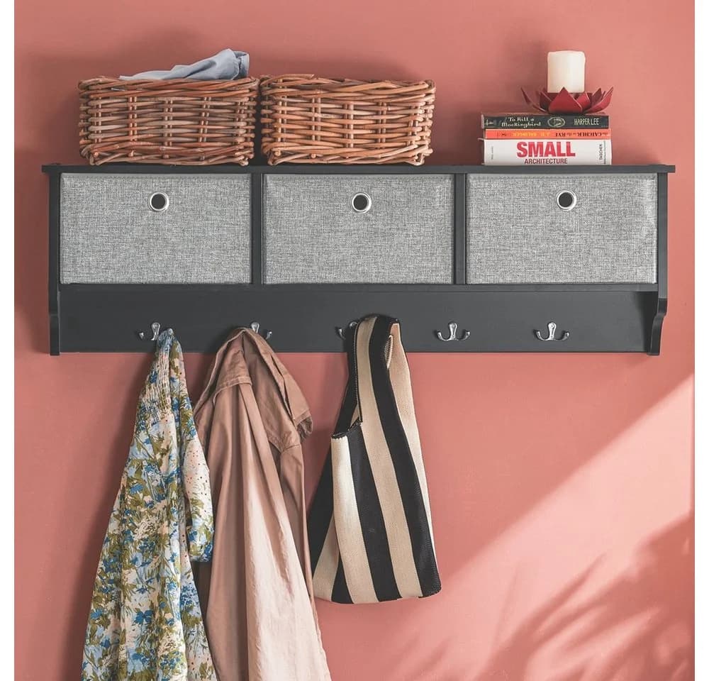 SoBuy Wandgarderobe FRG282 Schwarz mit 3 Körben und Haken - Bild 2