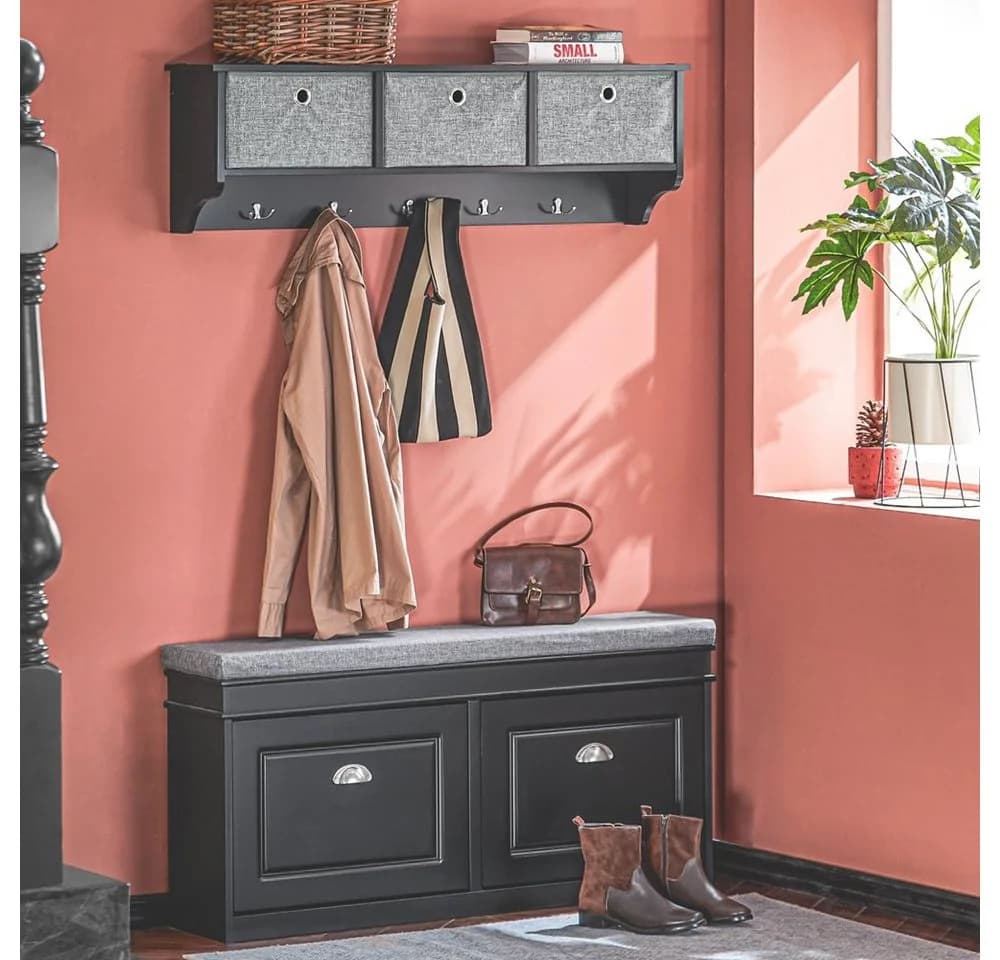 SoBuy Wandgarderobe FRG282 Schwarz mit 3 Körben und Haken - Bild 4