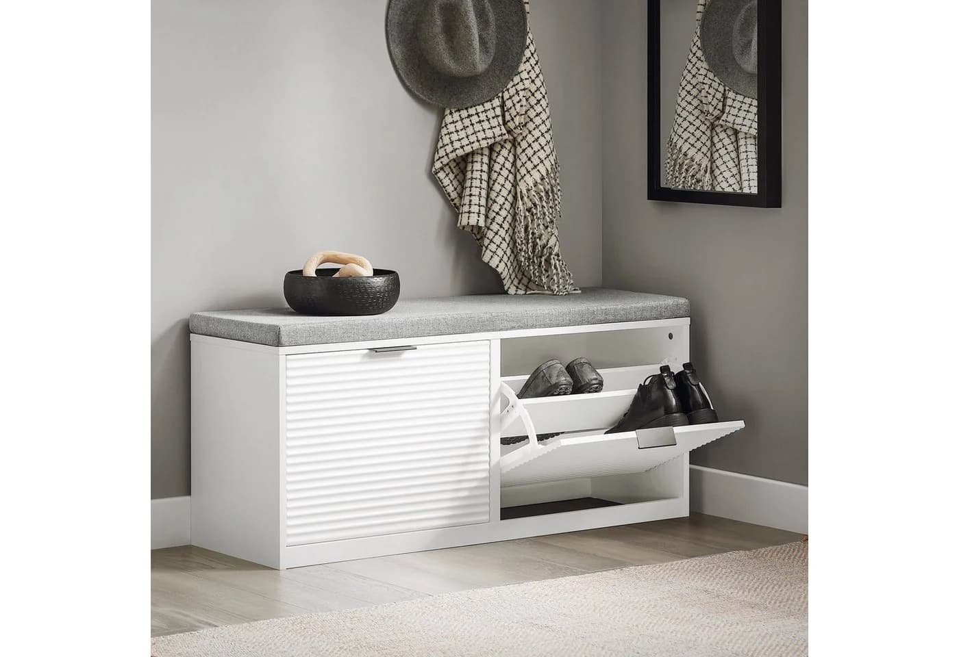 SoBuy Schuhbank Weiß mit 2 Klappen und Sitzkissen - Bild 2