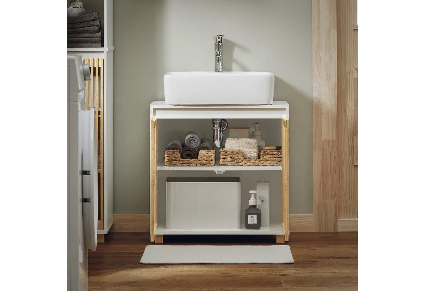 SoBuy Waschbeckenunterschrank BZR125 Badezimmerschrank Weiß-Natur - Bild 2