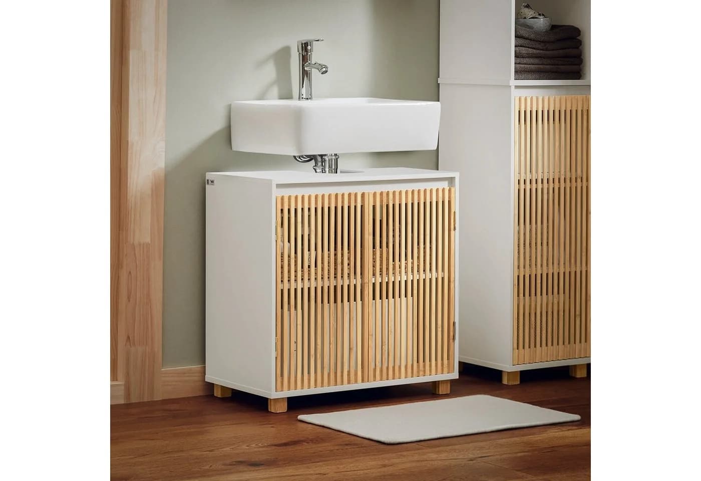 SoBuy Waschbeckenunterschrank BZR125 Badezimmerschrank Weiß-Natur - Bild 4