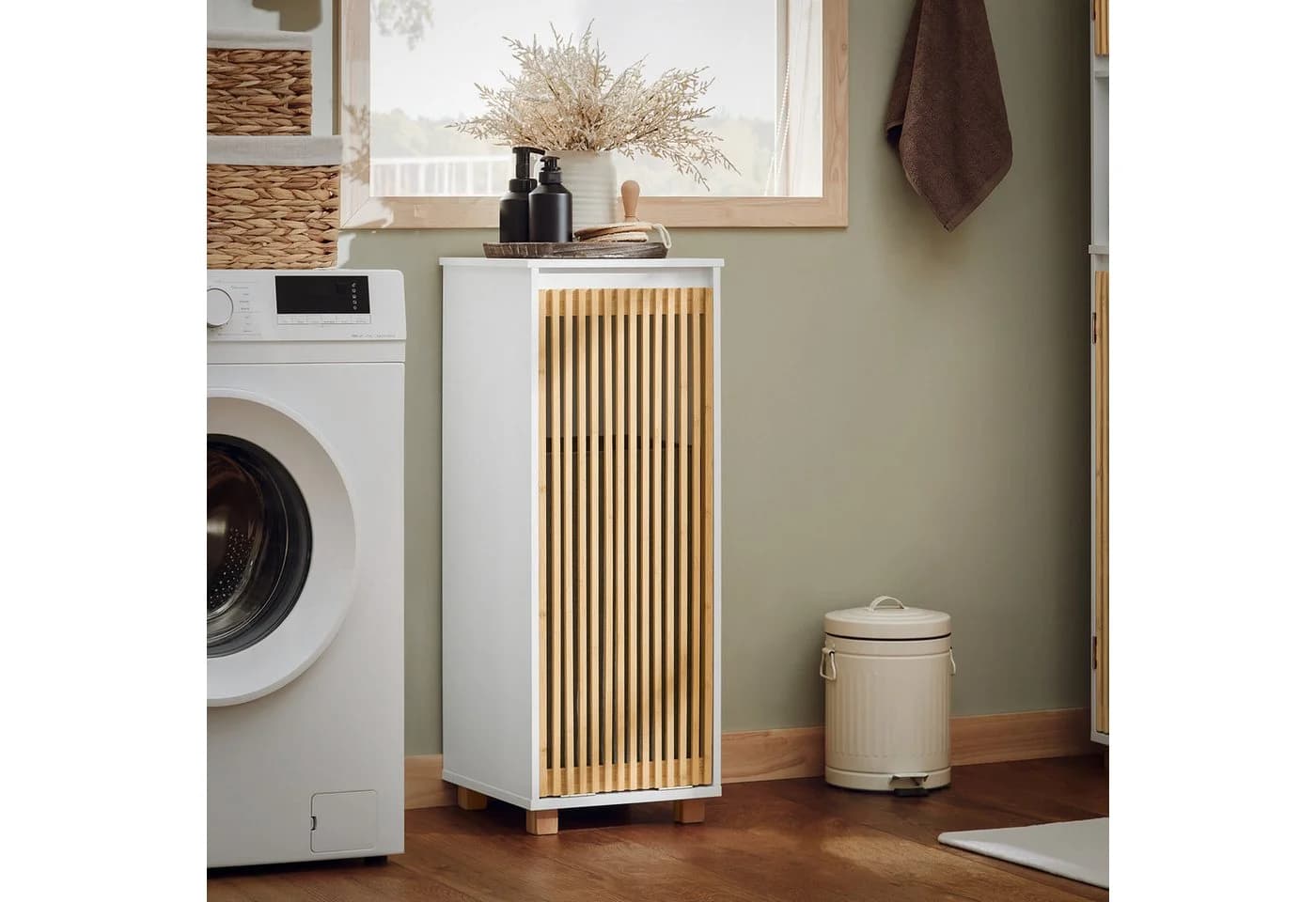 SoBuy Wäscheschrank BZR126 Weiß-Natur mit Wäschesack - Bild 2