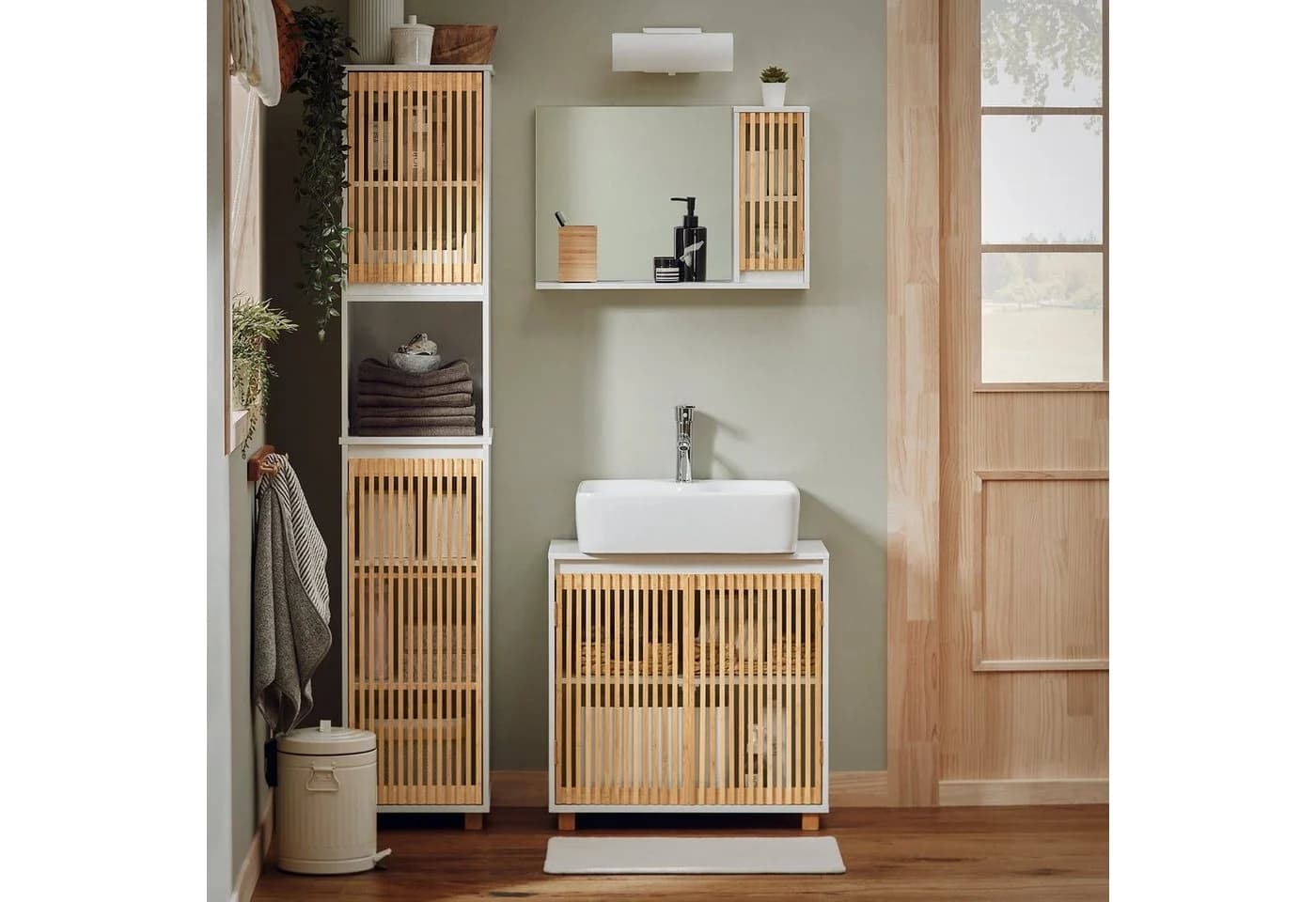 SoBuy Hochschrank BZR127 Weiß-Natur Bambus Badregal - Bild 2