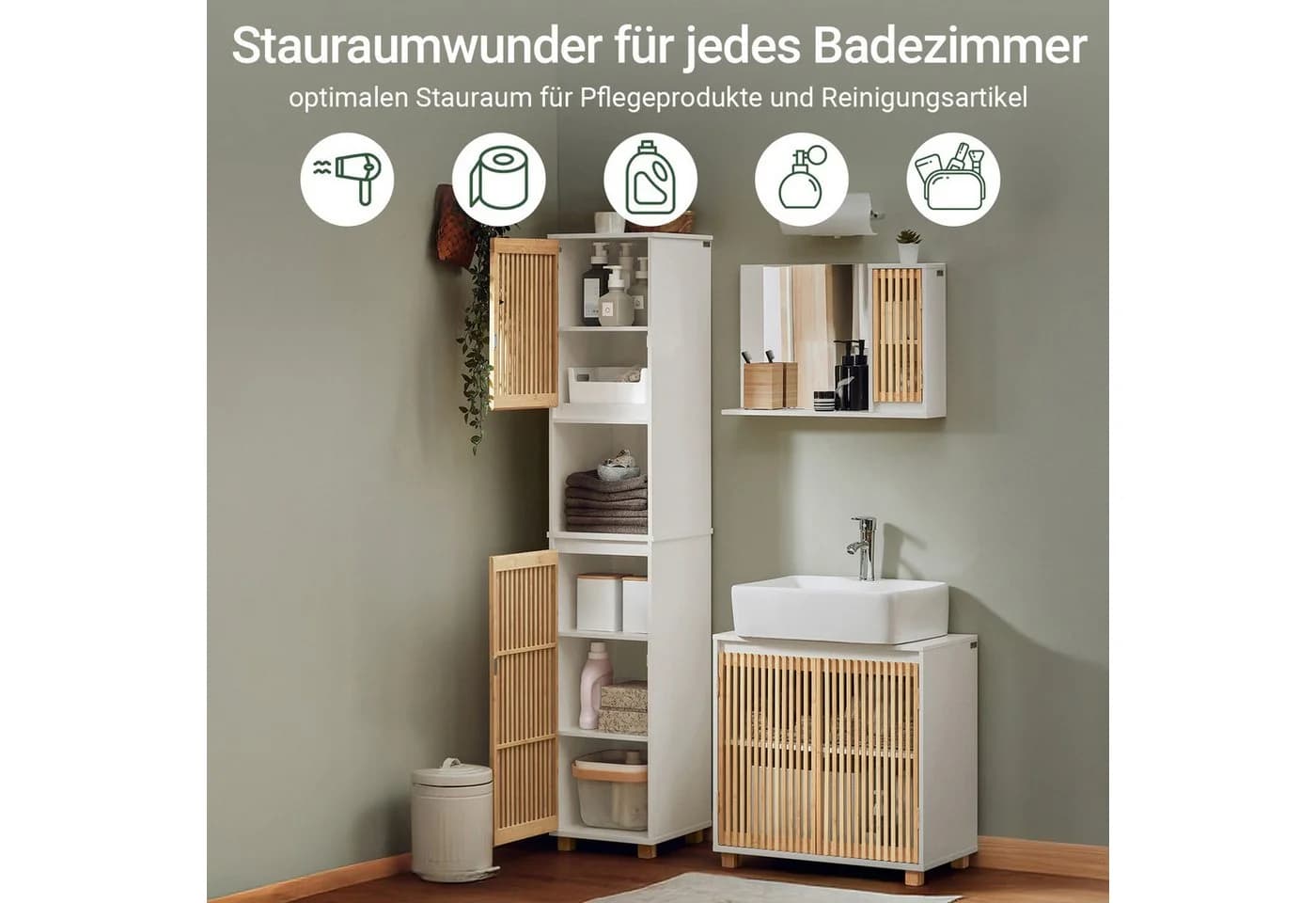 SoBuy Hochschrank BZR127 Weiß-Natur Bambus Badregal - Bild 4
