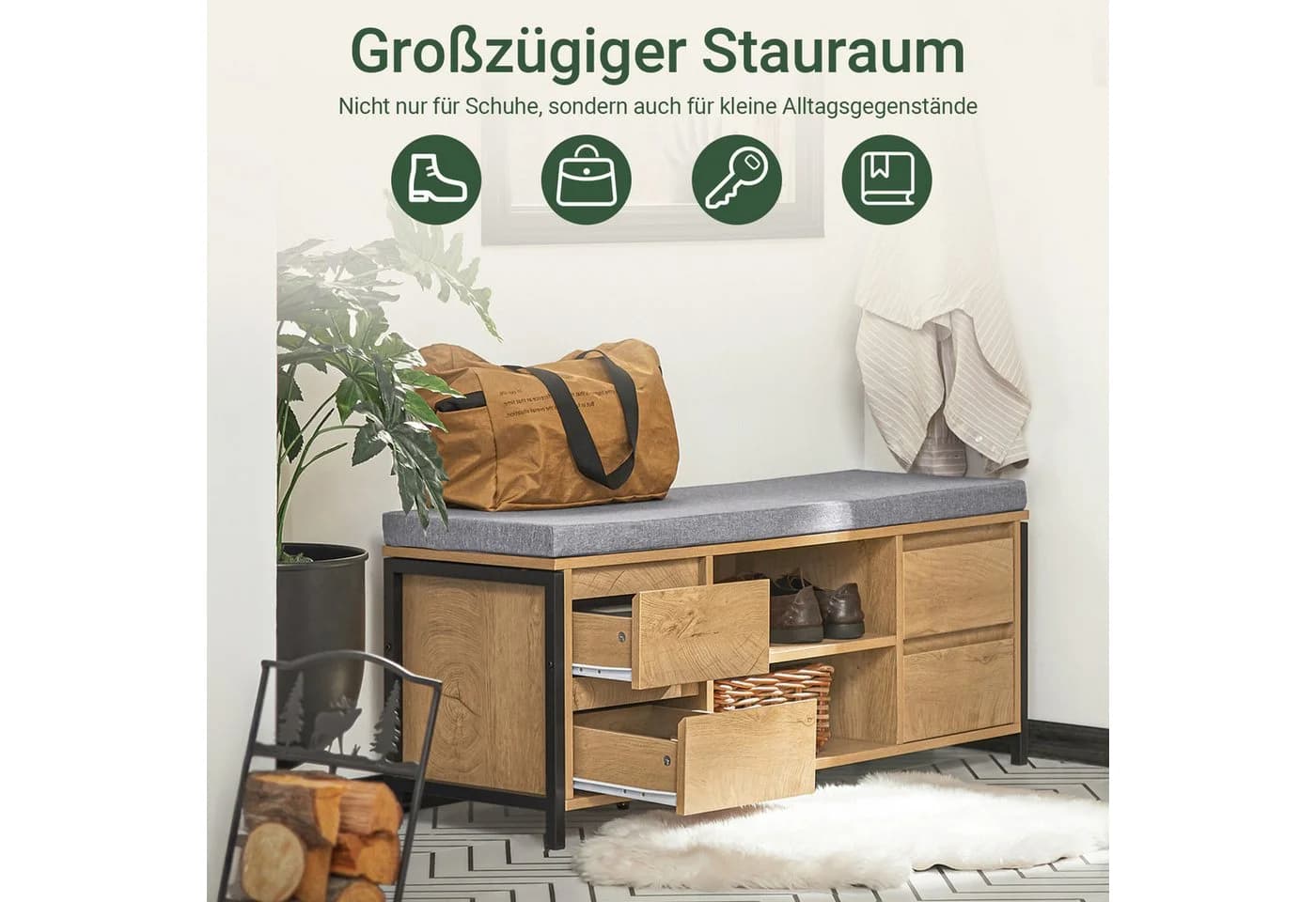 SoBuy Schuhbank FSR149 mit 4 Schubladen und 2 Fächern - Schwarz/Natur - Bild 4
