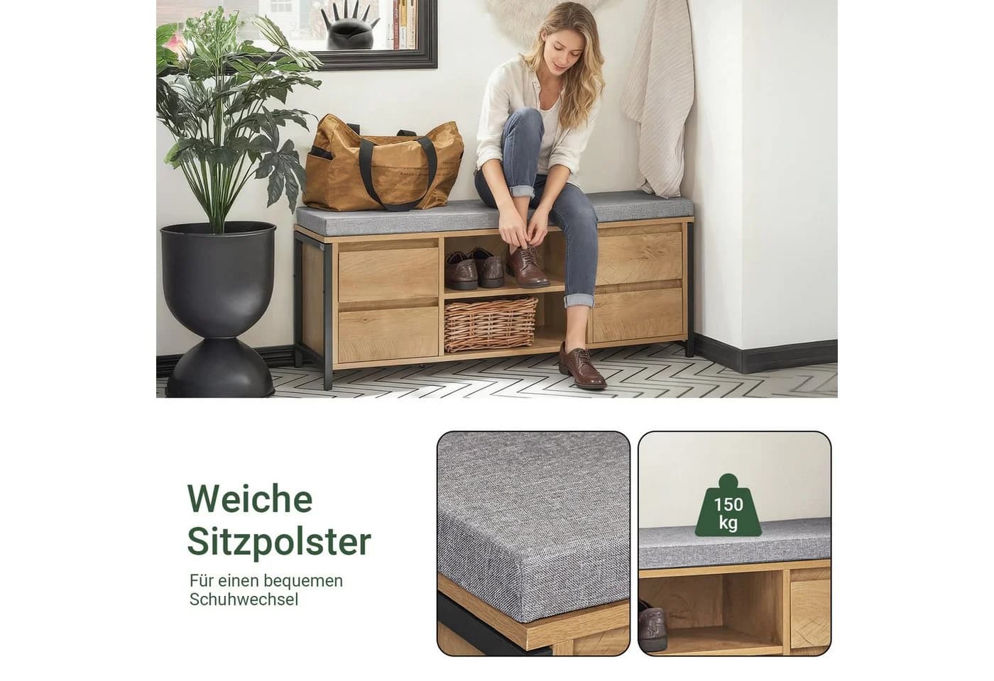SoBuy Schuhbank FSR149 mit 4 Schubladen und 2 Fächern - Schwarz/Natur - Bild 5