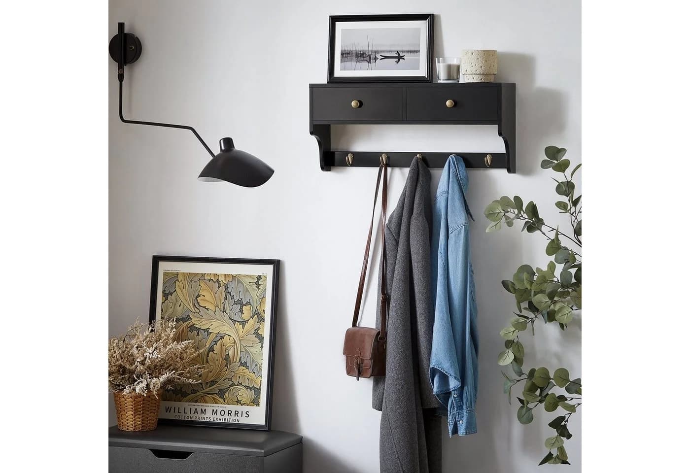 SoBuy Wandgarderobe FRG178 Schwarz mit 2 Schubladen und 5 Haken - Bild 3