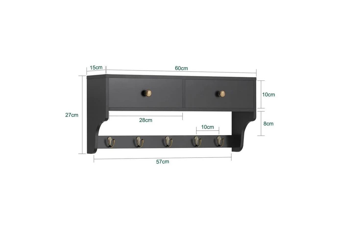 SoBuy Wandgarderobe FRG178 Schwarz mit 2 Schubladen und 5 Haken - Bild 4