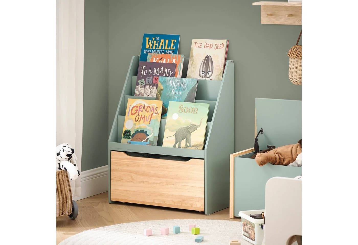 SoBuy Kinderregal KMB95 Grün-Natur mit Rollen 4 Ablagen