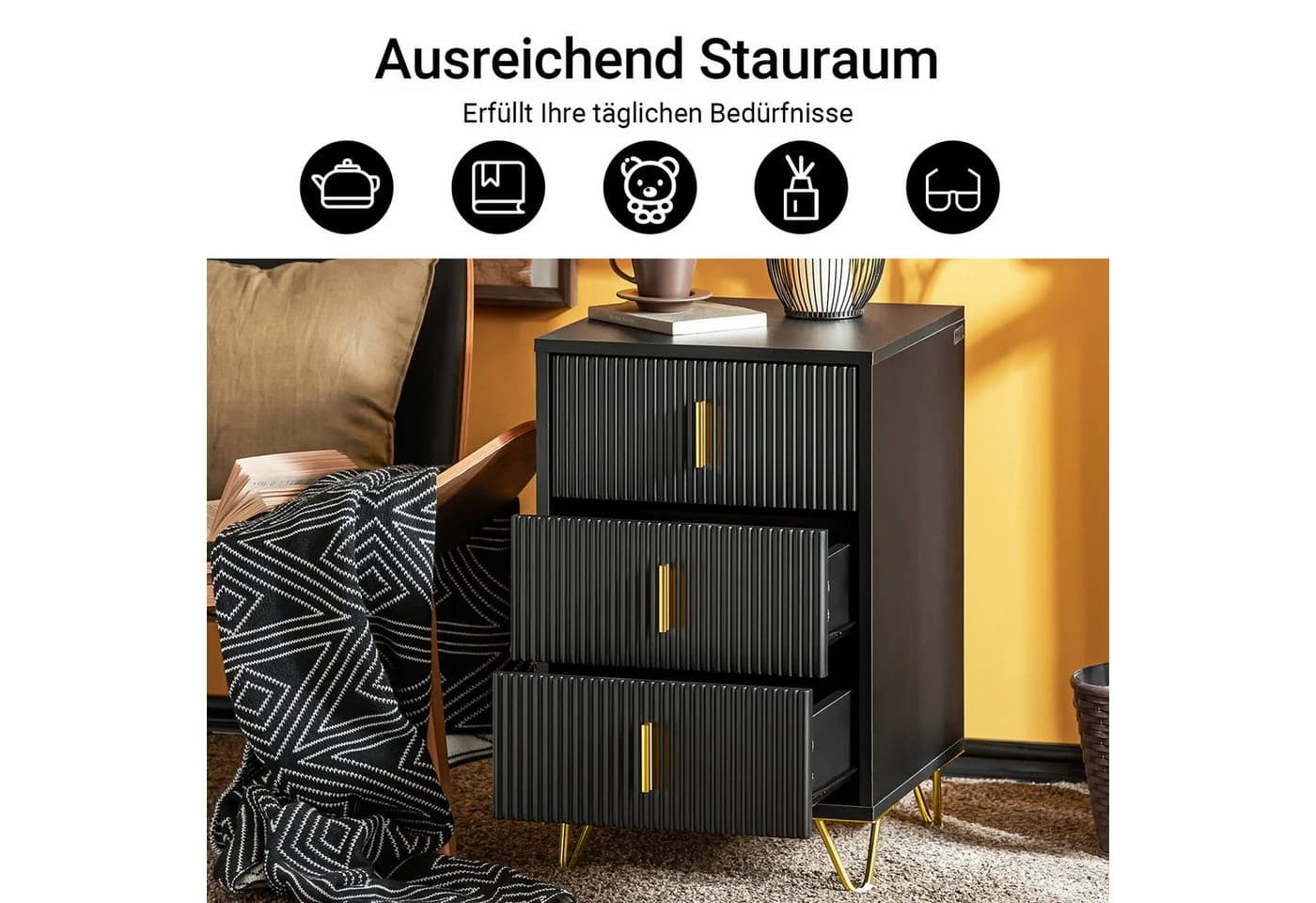 SoBuy Nachttisch FBT115-L Schwarz/Weiß mit 3 Schubladen Modern - Bild 4
