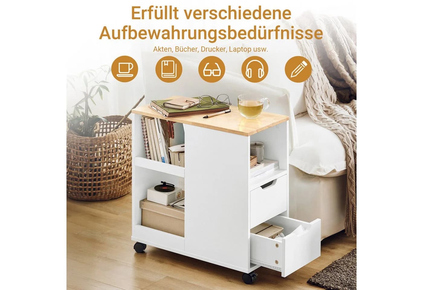 SoBuy Beistellwagen FBT130 Rollcontainer Weiß-Natur Modern - Bild 2