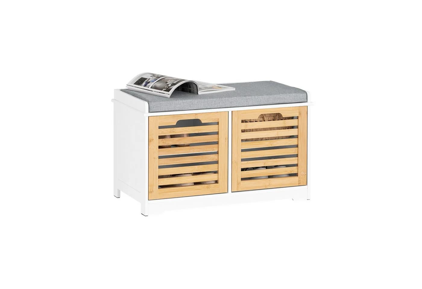 SoBuy Schuhbank FSR23-II Weiß/Natur mit Stauraum und Sitzfläche - Bild 3