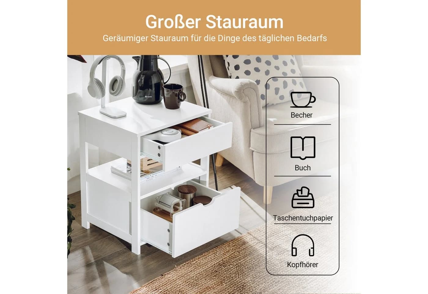 SoBuy Nachtschrank FRG258-II, Nachttisch Beistelltisch Aufbewahrungsschrank Nachtkonsole Nachtkommode mit 2 Schubladen und Ablage, Schlafzimmer - Bild 4
