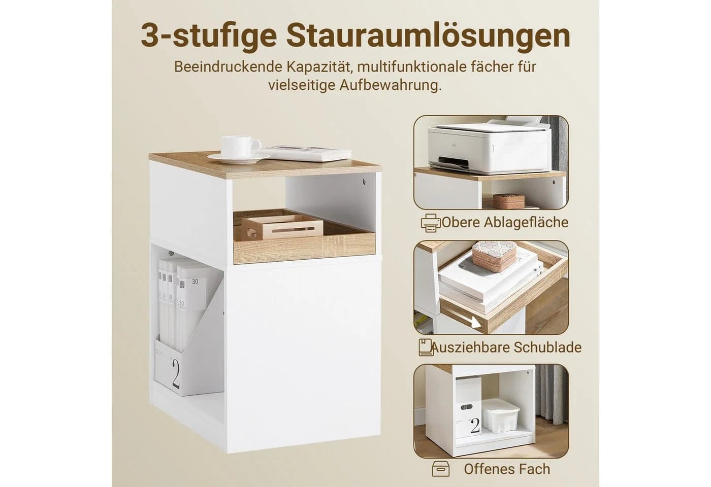 SoBuy Druckertisch ASK08 Rollcontainer Weiß-Natur mit Schubladen - Bild 4