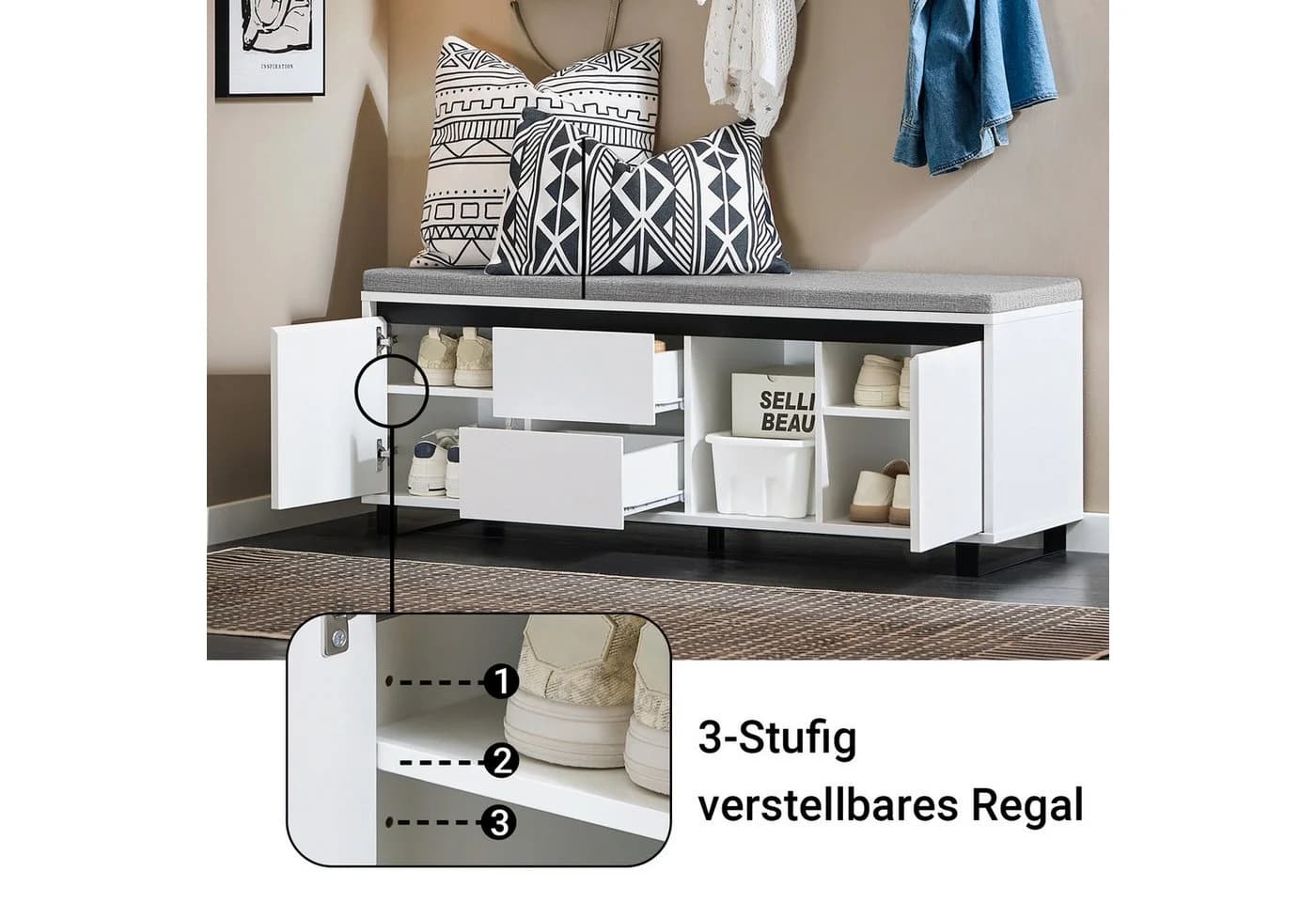SoBuy Schuhbank FSR176 Weiß mit Schubladen und Sitzfläche - Bild 4