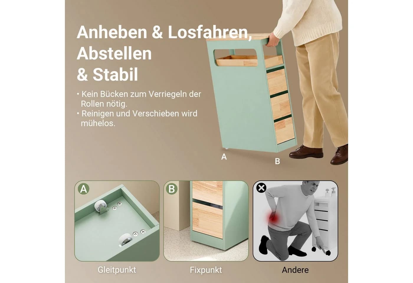 SoBuy Beistellwagen BZR54 Schmal mit Rollen Weiß/Grün - Bild 4