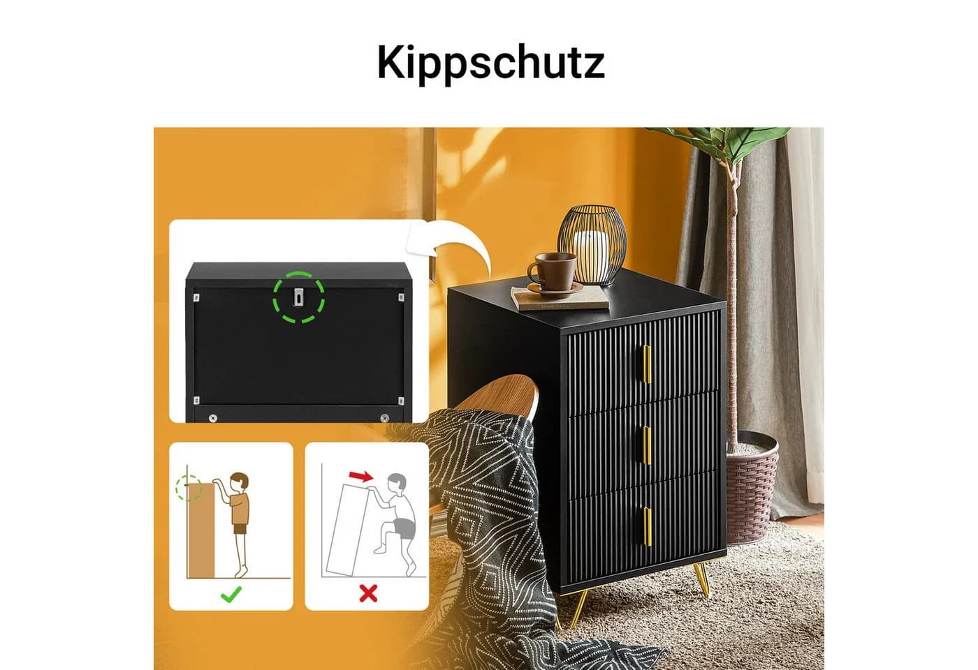 SoBuy Nachttisch 2er Set Weiß/Schwarz mit 3 Schubladen - Bild 5