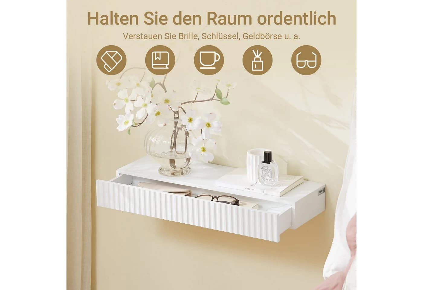 SoBuy Wandregal FHK38 Schweberegal mit Schublade LED-Bewegungssensor-Licht