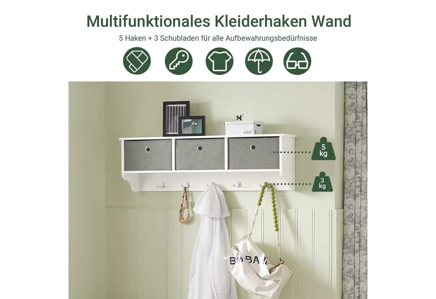 SoBuy Wandgarderobe FRG282 mit 3 Körben und 5 Haken Weiß
