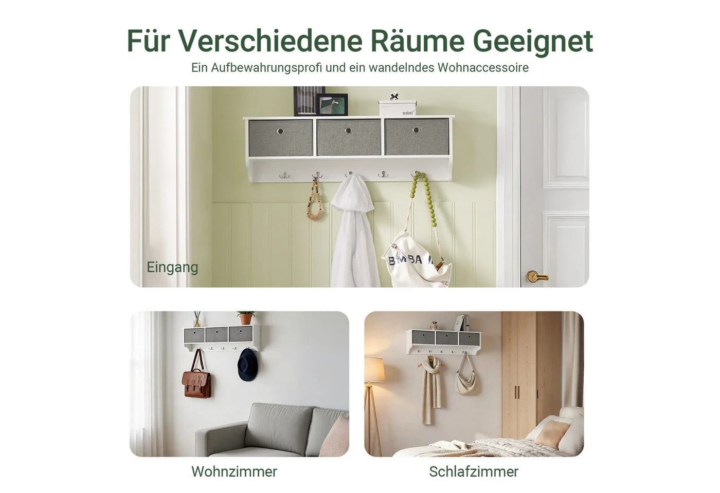 SoBuy Wandgarderobe FRG282 mit 3 Körben und 5 Haken Weiß - Bild 3