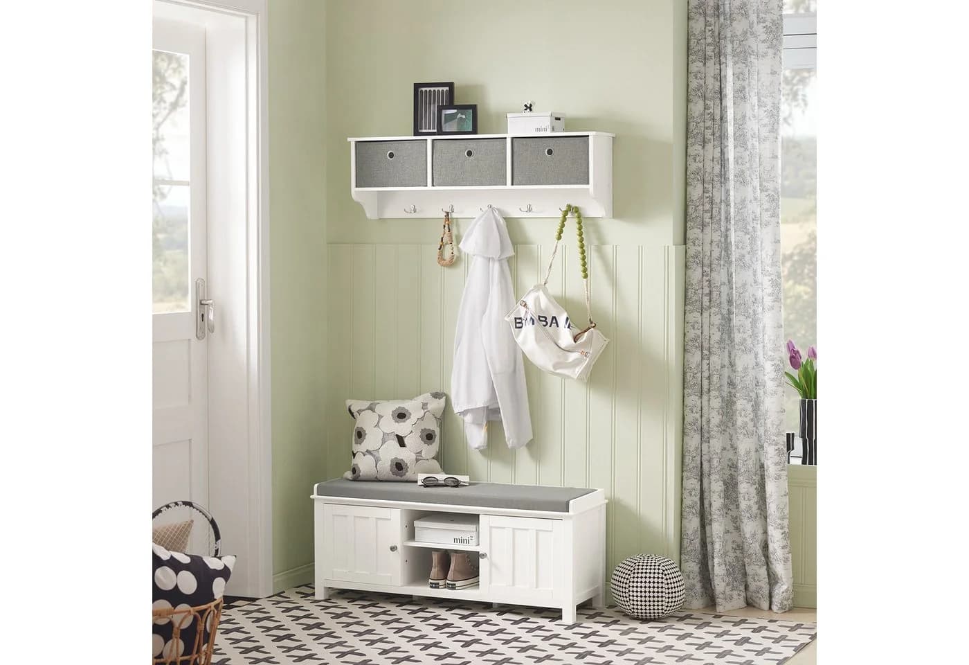 SoBuy Wandgarderobe FRG282 mit 3 Körben und 5 Haken Weiß - Bild 4