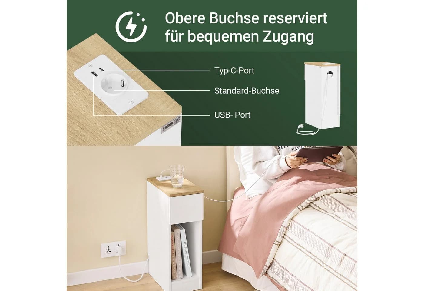 SoBuy Nachttisch FBT111-E 2er Set Weiß USB-Anschlüsse Typ-C