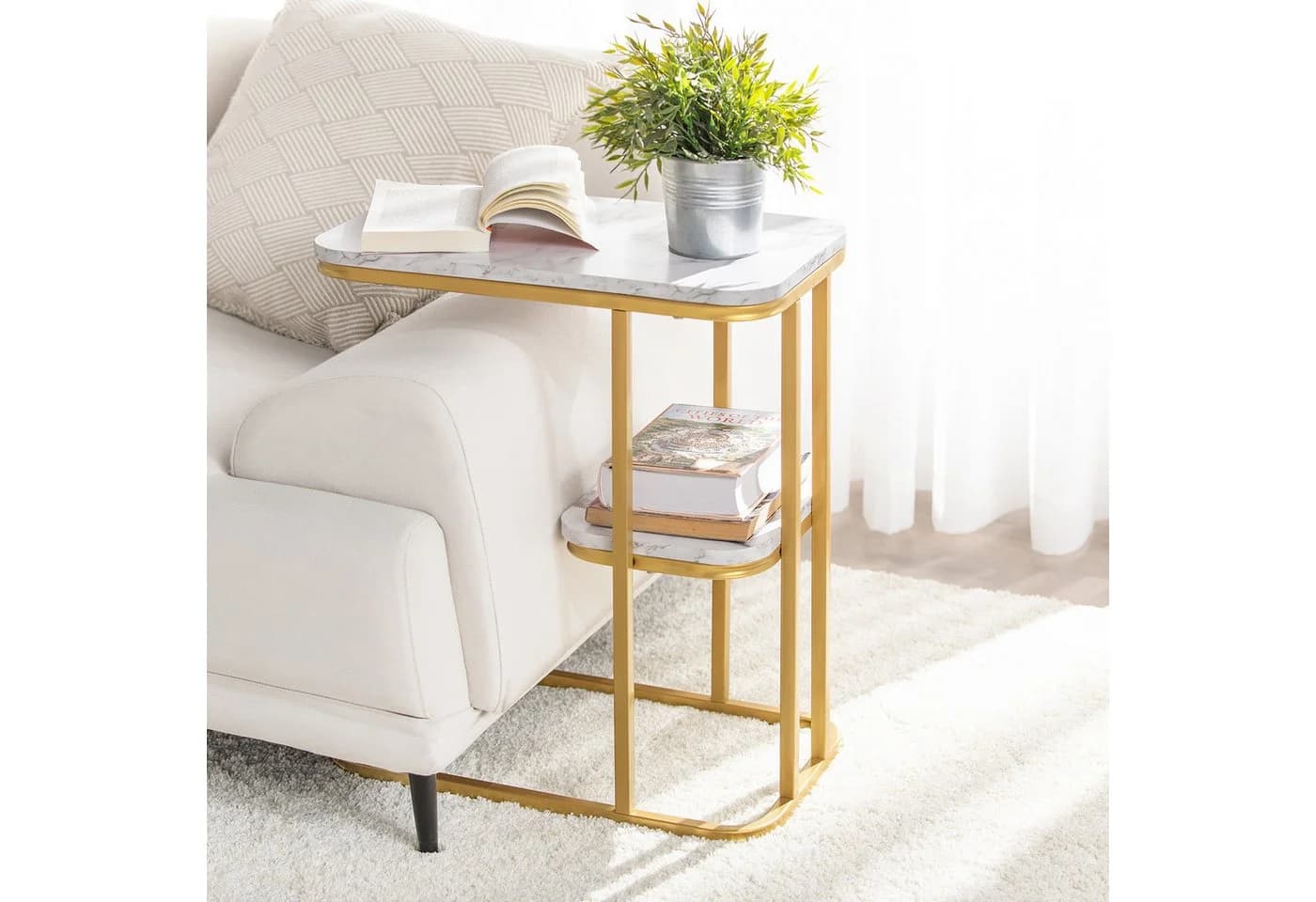 SoBuy Beistelltisch FBT110 C-Form Weiß-Gold Wohnzimmertisch - Bild 4