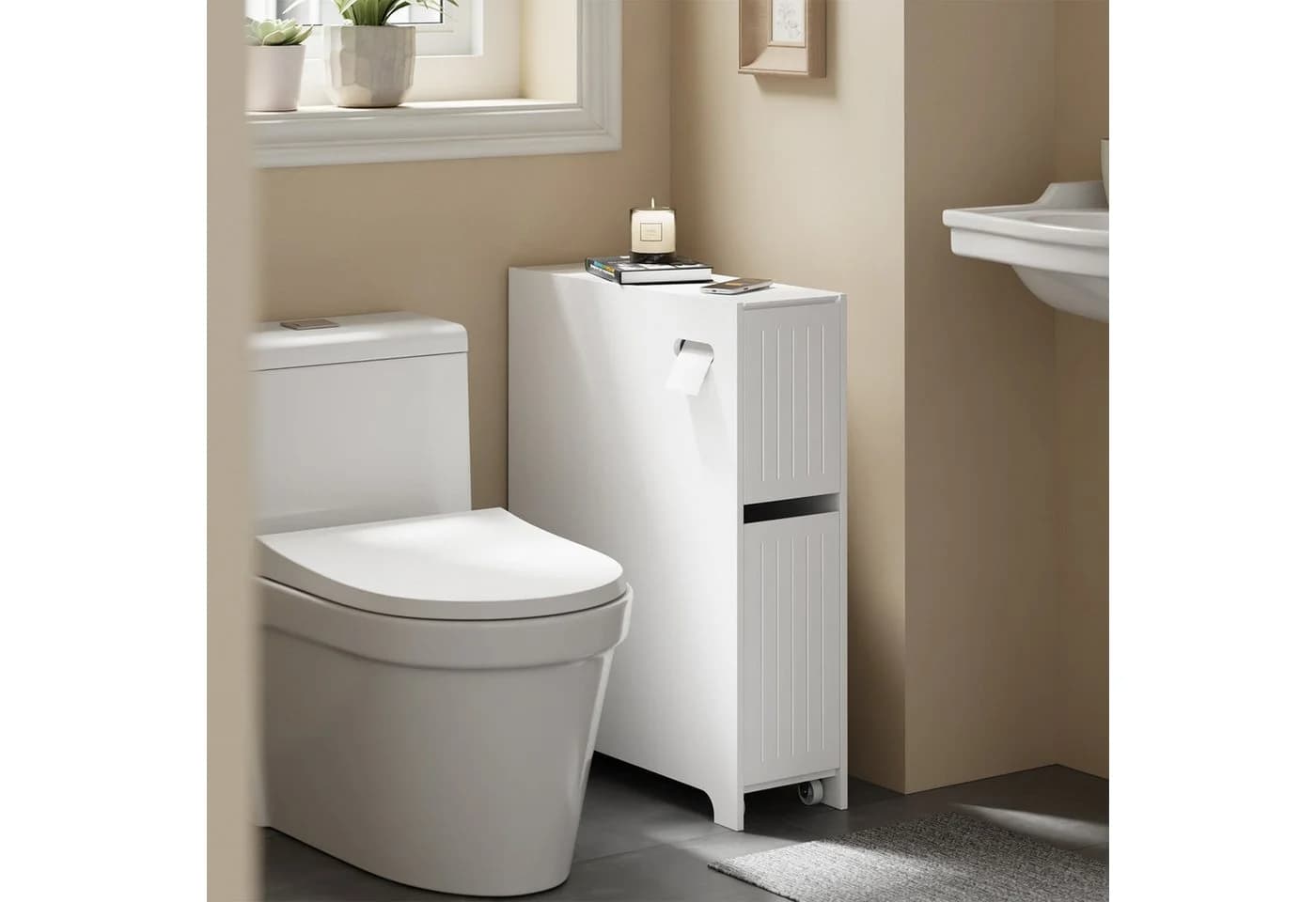 SoBuy Badregal BZR111, Badezimmerschrank schmal, Toilettenpapier-Aufbewahrung, Nischenregal mit Rollen