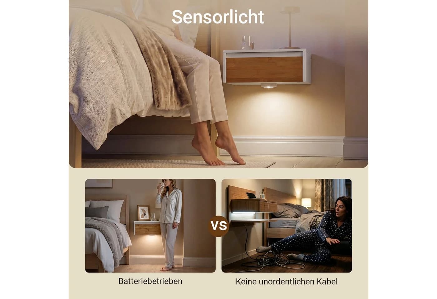 SoBuy Nachttisch FBT174 Wandregal mit Licht & Schubladen Weiß-Natur - Bild 4